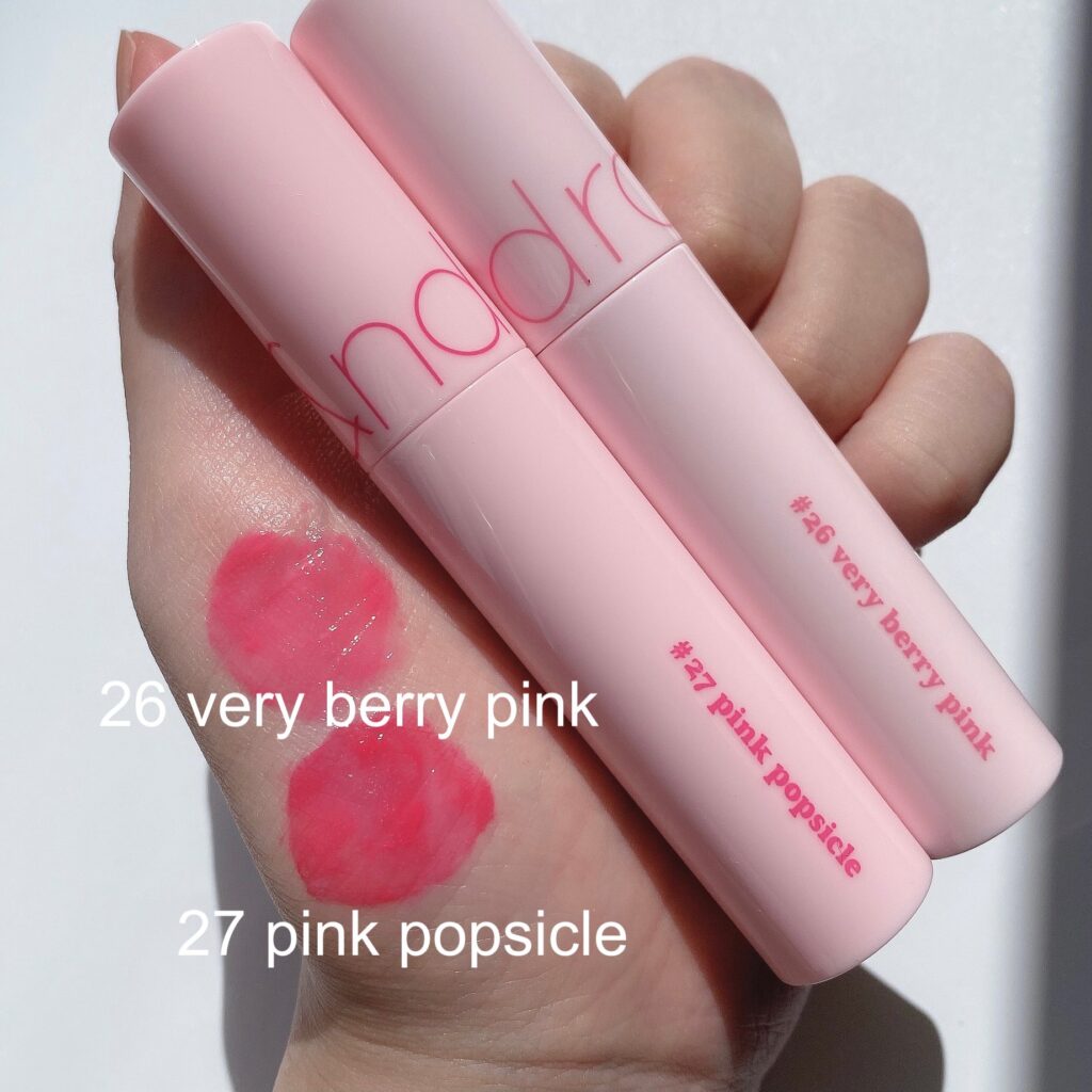 rom&nd（ロムアンド）　ジューシー ラスティング ティント　26 very berry pink／27 pink popsicle